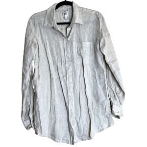 Gap Boyfriend Shirt Top Blouse Women Size XS Beige 100% LINEN Comfort Coastal